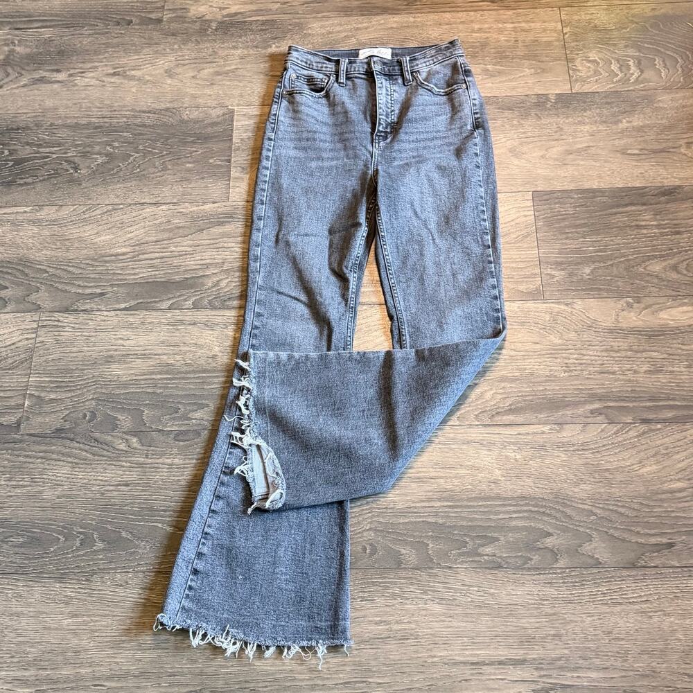 Free People Sz. 26 Black Flare Jeans Raw Split Hem High Rise Distressed Grunge